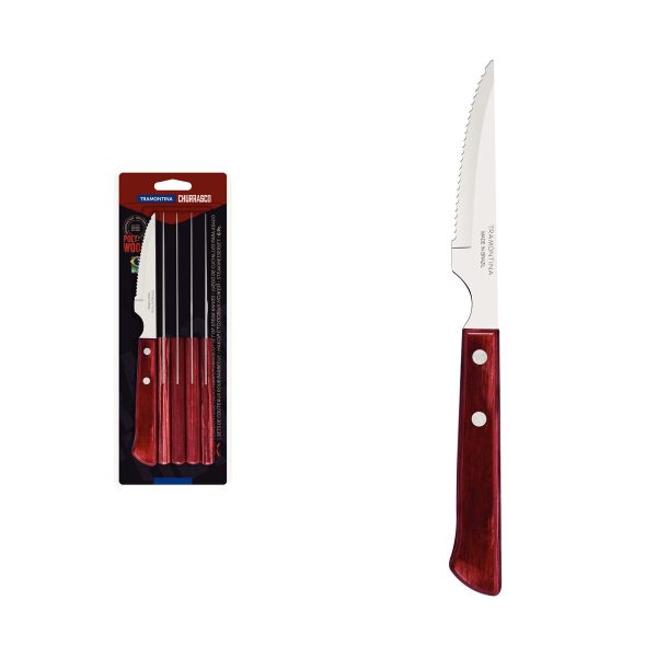 Conjunto de Facas para Churrasco Tramontina com Lâminas em Aço Inox e Cabos de Madeira Tratada Polywood Vermelho 6 Peças