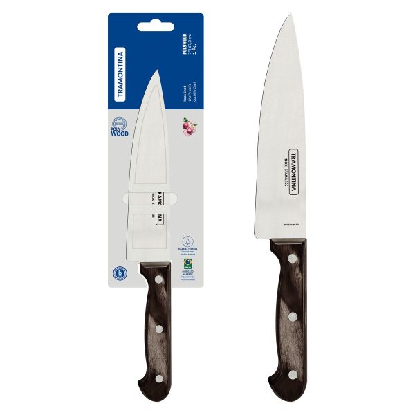 Faca Chef Tramontina Polywood com Lâmina em Aço Inox e Cabo de Madeira Tratada Castanho 7"