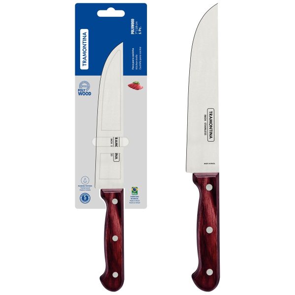 Faca para Cozinha Tramontina Polywood com Lâmina em Aço Inox e Cabo de Madeira Tratada Vermelho 7"