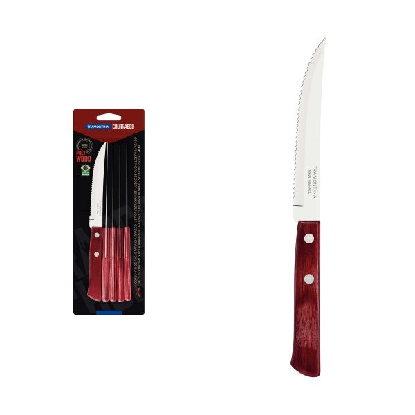 Conjunto de Facas para Churrasco Tramontina 5" em Aço Inox com Cabo Vermelho Polywood 6 Peças