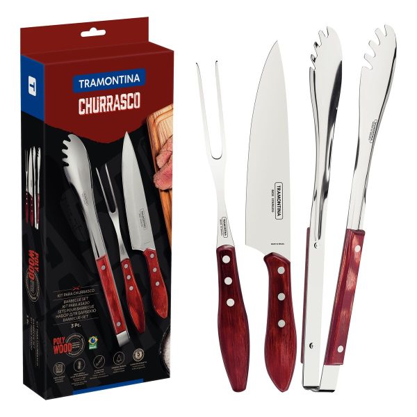 Jogo para Churrasco Tramontina com Lâminas em Aço Inox com Cabo de Madeira Tratada Polywood Vermelho 3 Peças