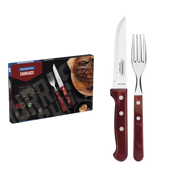 Jogo de Talheres Jumbo Tramontina Churrasco com Lâminas em Aço Inox e Cabos de Madeira Polywood Vermelho 12 Peças