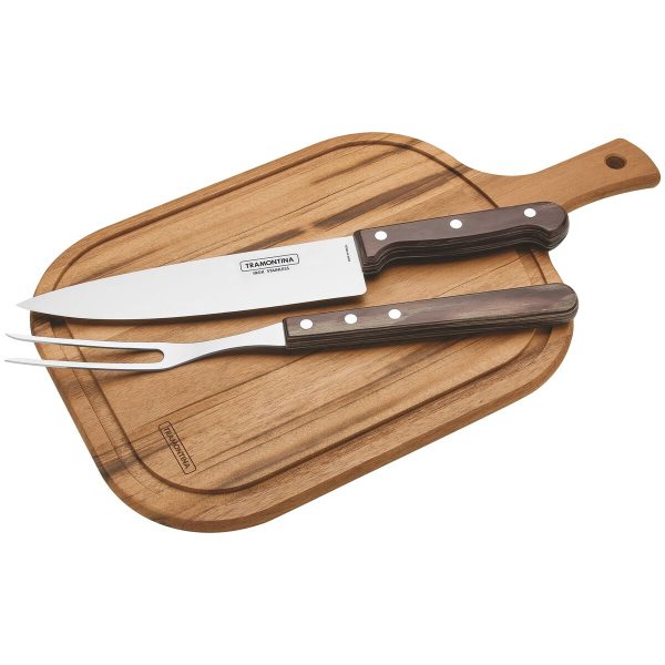 Kit para Churrasco Tramontina com Lâmina em Aço Inox Cabo de Madeira Polywood Castanho com Tábua de Madeira 3 Peças