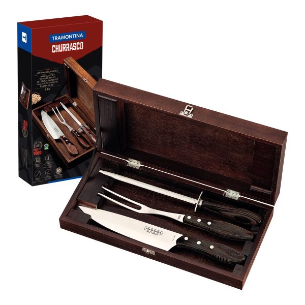 Kit para Churrasco Tramontina em Aço Inox com Cabo Castanho Polywood com Estojo em Madeira 4 Peças