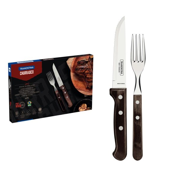 Jogo de Talheres Jumbo Tramontina Churrasco com Lâminas em Aço Inox e Cabos de Madeira Polywood Castanho 12 Peças