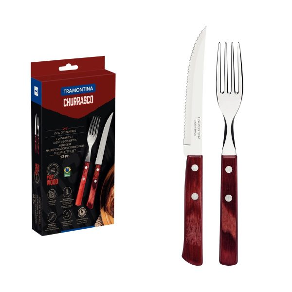 Jogo de Talheres para Churrasco Tramontina com Laminas de Aço Inox com Cabos de Madeira Tratada Polywood Vermelho 12 Peças