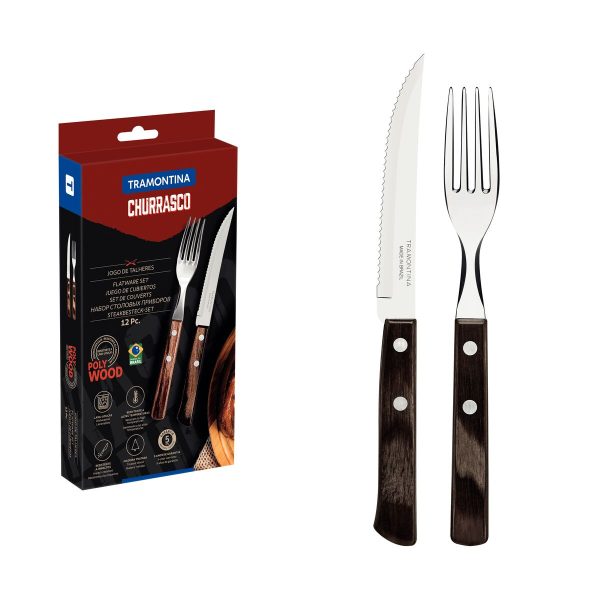 Jogo de Talheres para Churrasco Tramontina em Aço Inox com Cabo Castanho Polywood 12 Peças