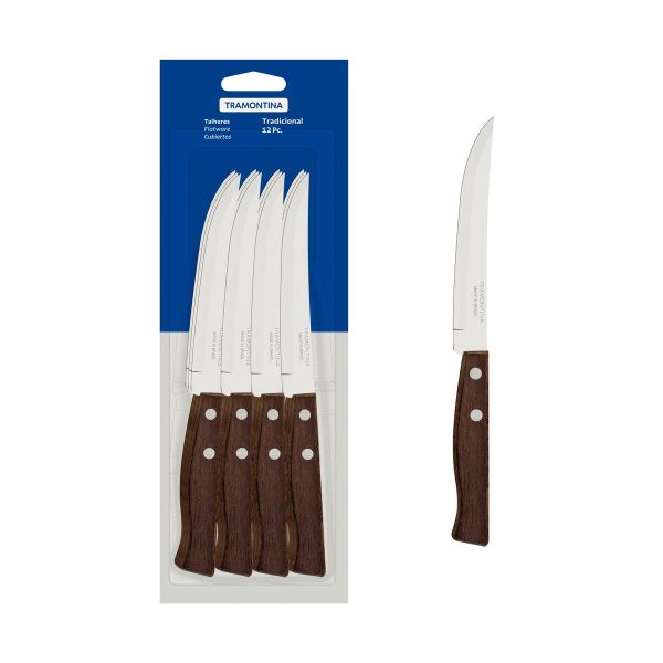 Conjunto de Facas para Churrasco Tramontina Tradicional com Lâminas em Aço Inox com fio liso e Cabos em Madeira Natural 12 Peças