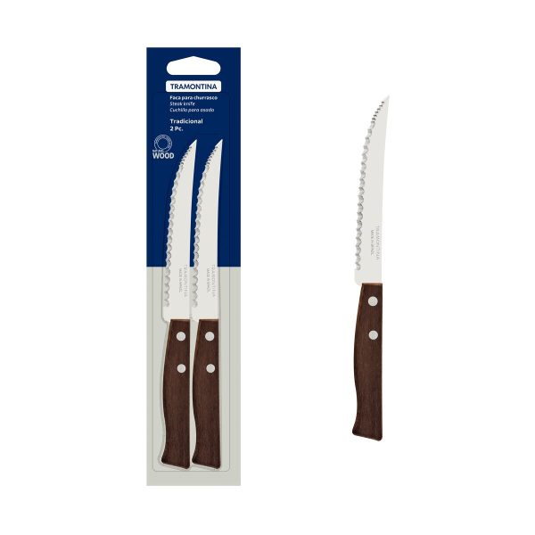 Conjunto de Facas para Churrasco Tramontina Tradicional com Lâminas em Aço Inox com Fio Microserrilhado e Cabos de Madeira Natural 02 Peças