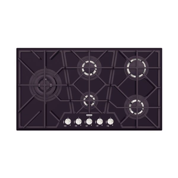 Cooktop a Gás Tramontina Design Collection Penta Glass Full 5 GG B 90 em Vidro Temperado e Trempes em Ferro Fundido